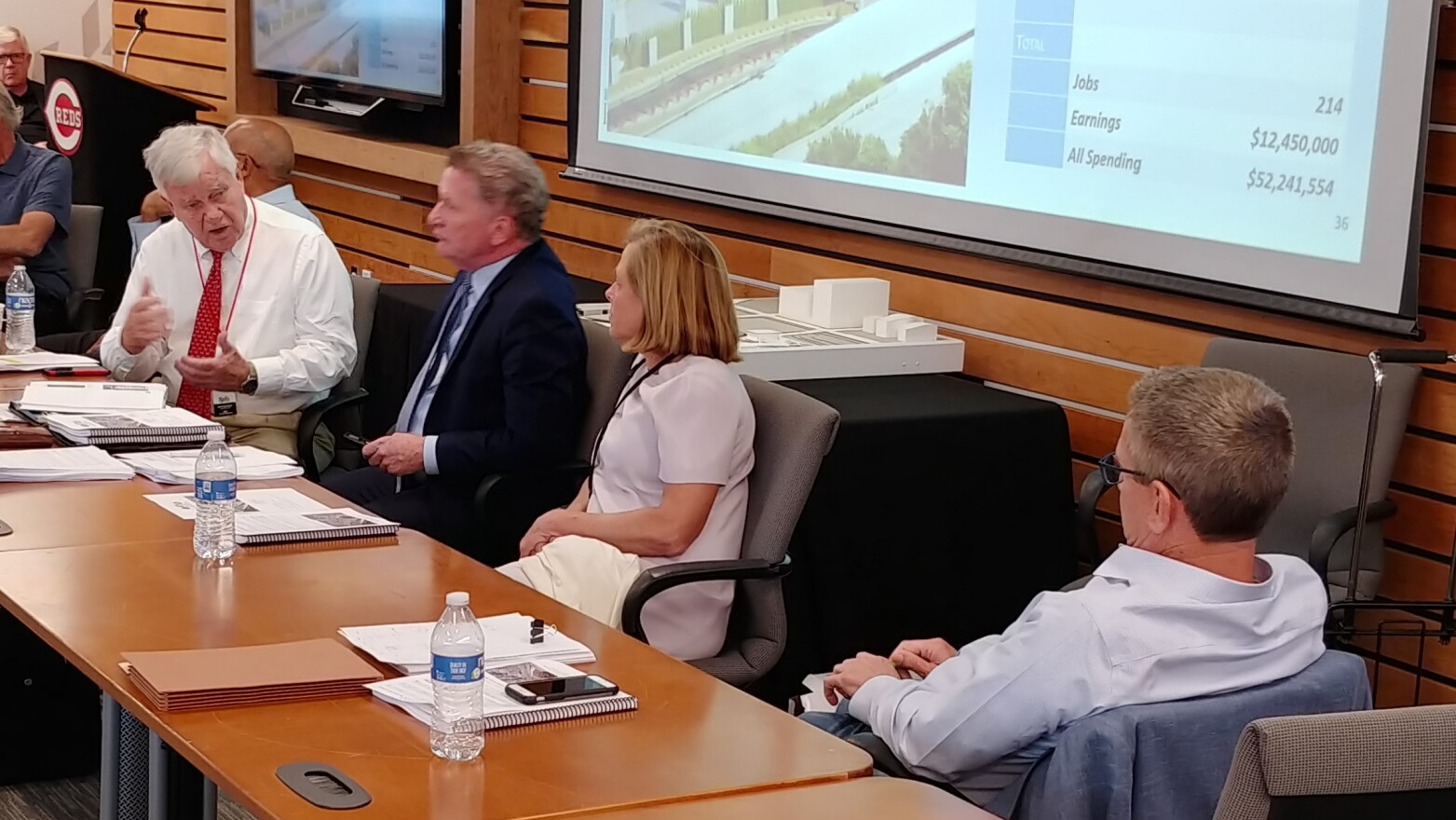Bob Castellini (far left) makes his point at The Banks Joint Steering Committee meeting Friday afternoon.